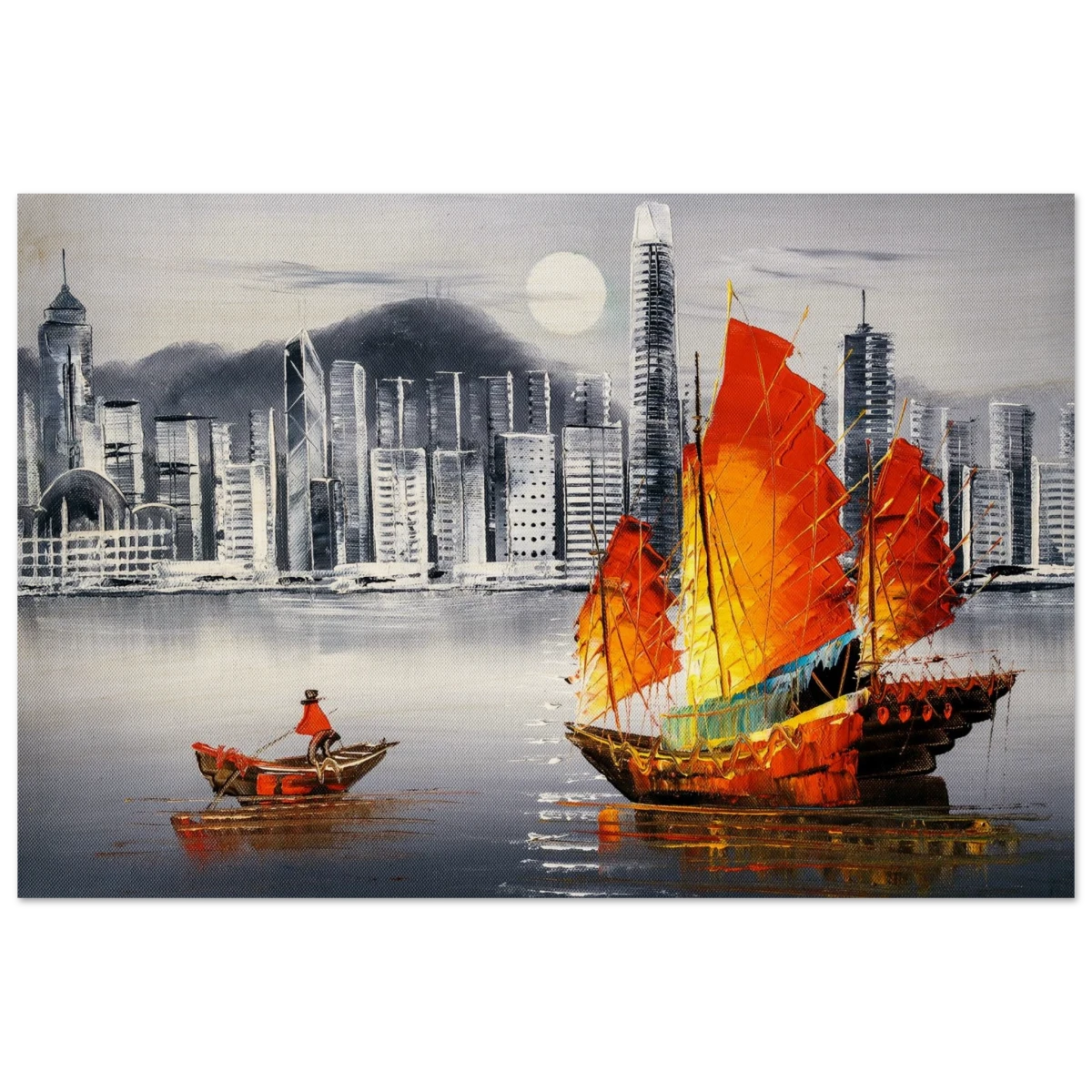 "Crimson Sails Over Silver City" – East Meets Modern Majesty | Wall art Print - Wood Prints - 60x90 cm / 24x36″ -