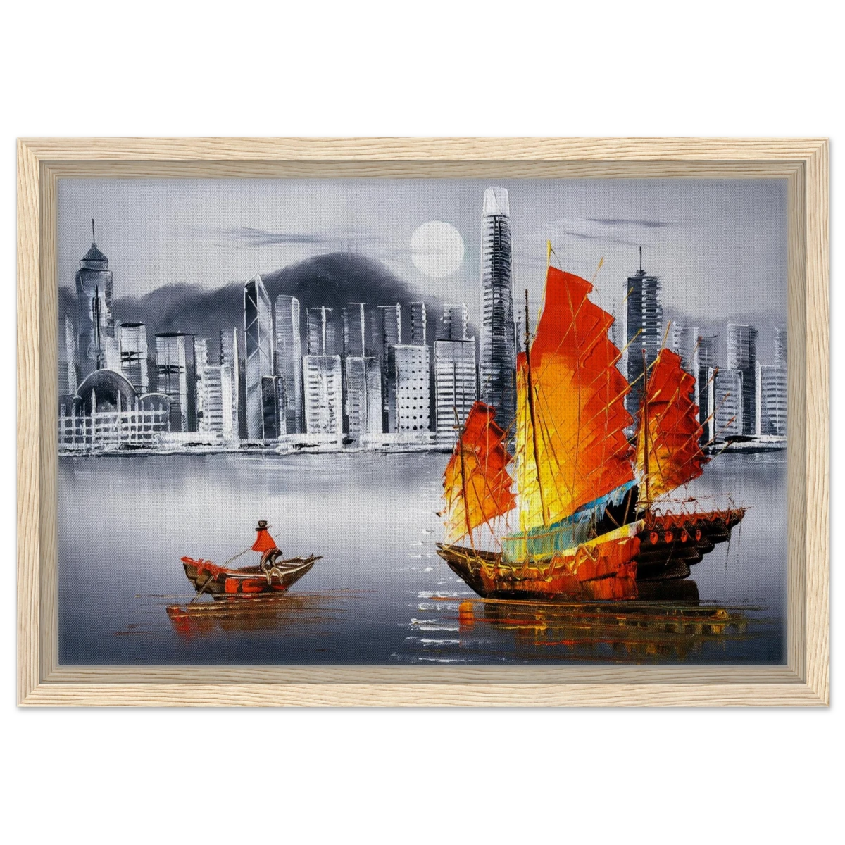 "Crimson Sails Over Silver City" – East Meets Modern Majesty | Wall art Print - Framed Canvas - 30x45 cm / 12x18″ - Wood frame