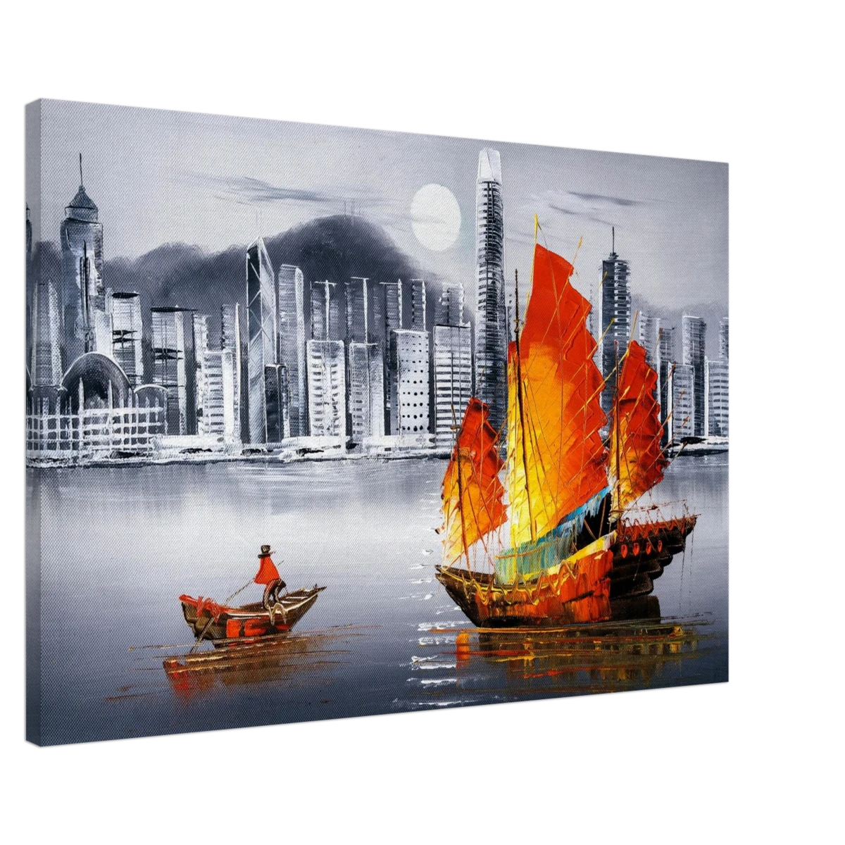 "Crimson Sails Over Silver City" – East Meets Modern Majesty | Wall art Print - Canvas - 60x90 cm / 24x36″ -