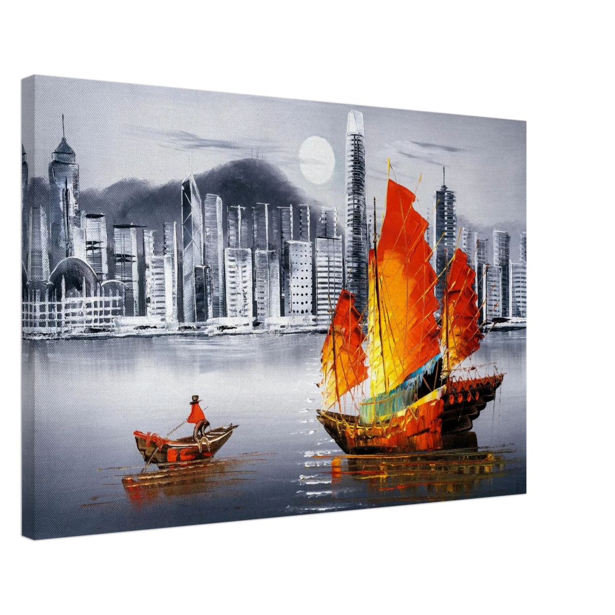 "Crimson Sails Over Silver City" – East Meets Modern Majesty | Wall art Print - Canvas - 50x75 cm / 20x30″ -