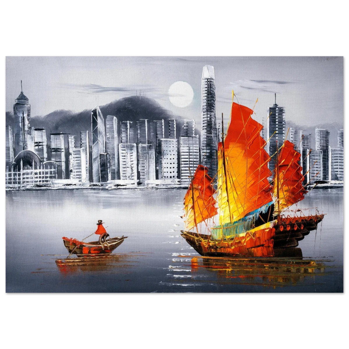 "Crimson Sails Over Silver City" – East Meets Modern Majesty | Wall art Print - Fine Art Poster - 70x100 cm / 28x40″ -