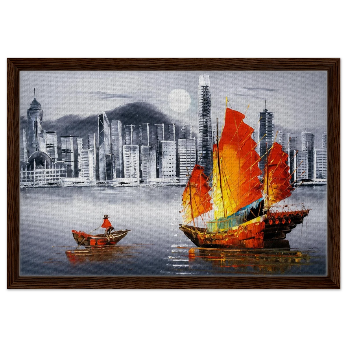 "Crimson Sails Over Silver City" – East Meets Modern Majesty | Wall art Print - Framed Canvas - 40x60 cm / 16x24″ - Dark wood frame