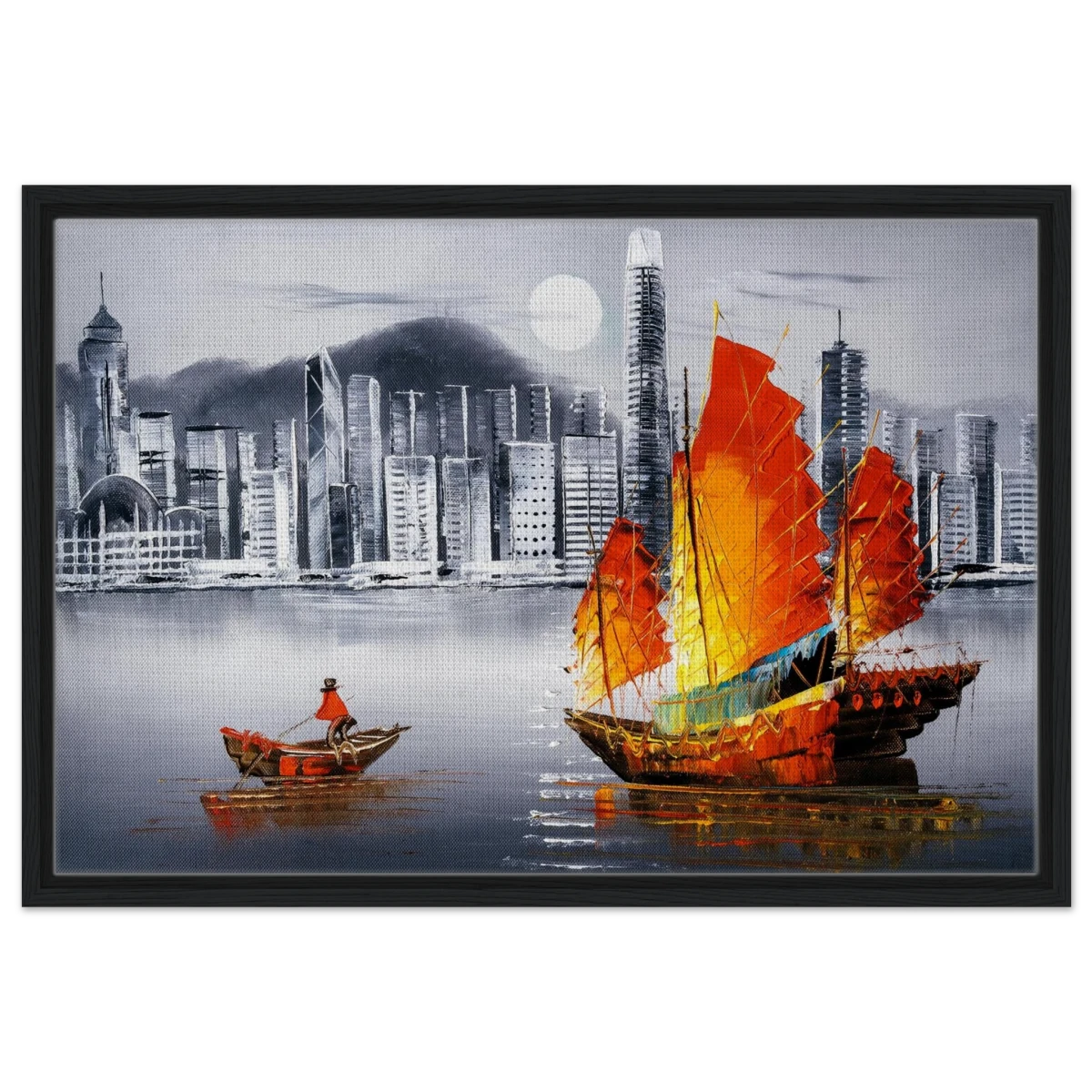 "Crimson Sails Over Silver City" – East Meets Modern Majesty | Wall art Print - Framed Canvas - 50x75 cm / 20x30″ - Black frame