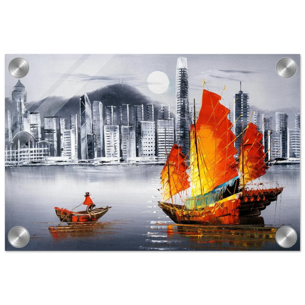 "Crimson Sails Over Silver City" – East Meets Modern Majesty | Wall art Print - Acrylic Print - 20x30 cm / 8x12″ -