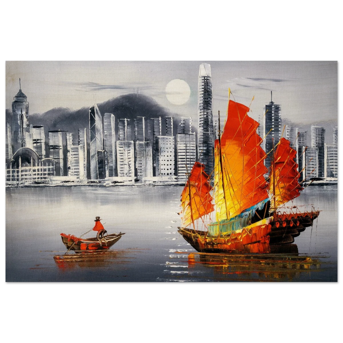 "Crimson Sails Over Silver City" – East Meets Modern Majesty | Wall art Print - Wood Prints - 50x75 cm / 20x30″ -