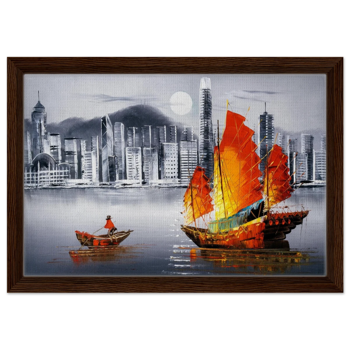 "Crimson Sails Over Silver City" – East Meets Modern Majesty | Wall art Print - Framed Canvas - 30x45 cm / 12x18″ - Dark wood frame