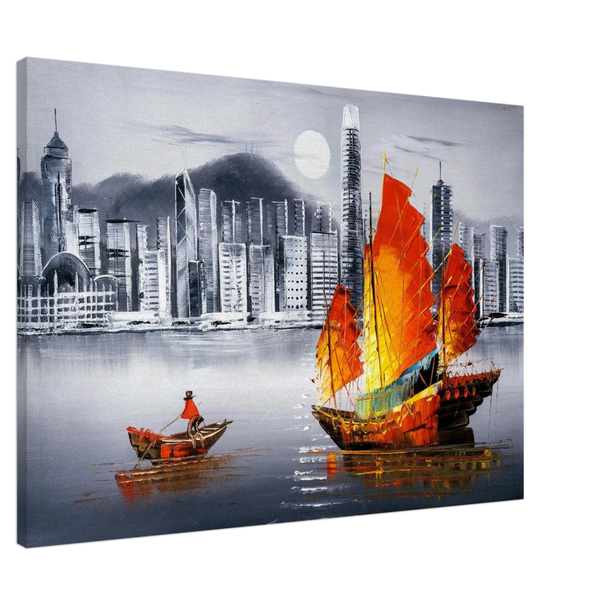"Crimson Sails Over Silver City" – East Meets Modern Majesty | Wall art Print - Canvas - 70x100 cm / 28x40″ -