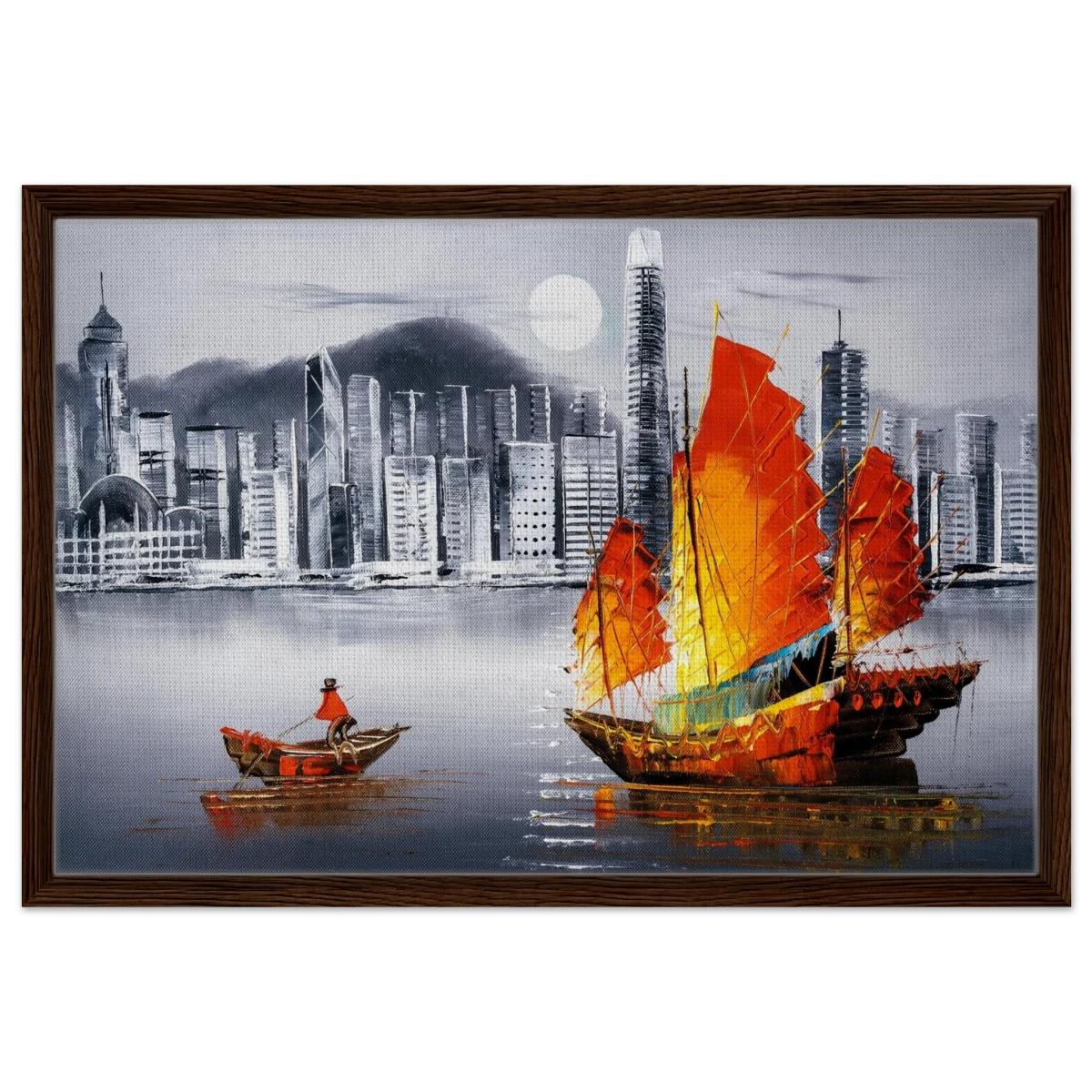 "Crimson Sails Over Silver City" – East Meets Modern Majesty | Wall art Print - Framed Canvas - 50x75 cm / 20x30″ - Dark wood frame