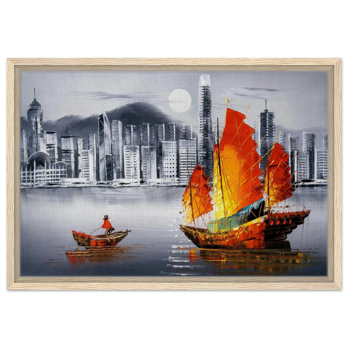 "Crimson Sails Over Silver City" – East Meets Modern Majesty | Wall art Print - Framed Canvas - 40x60 cm / 16x24″ - Wood frame