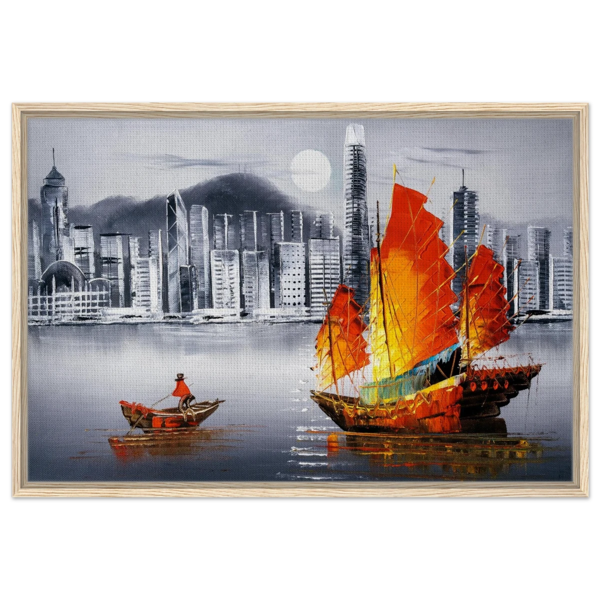 "Crimson Sails Over Silver City" – East Meets Modern Majesty | Wall art Print - Framed Canvas - 60x90 cm / 24x36″ - Wood frame