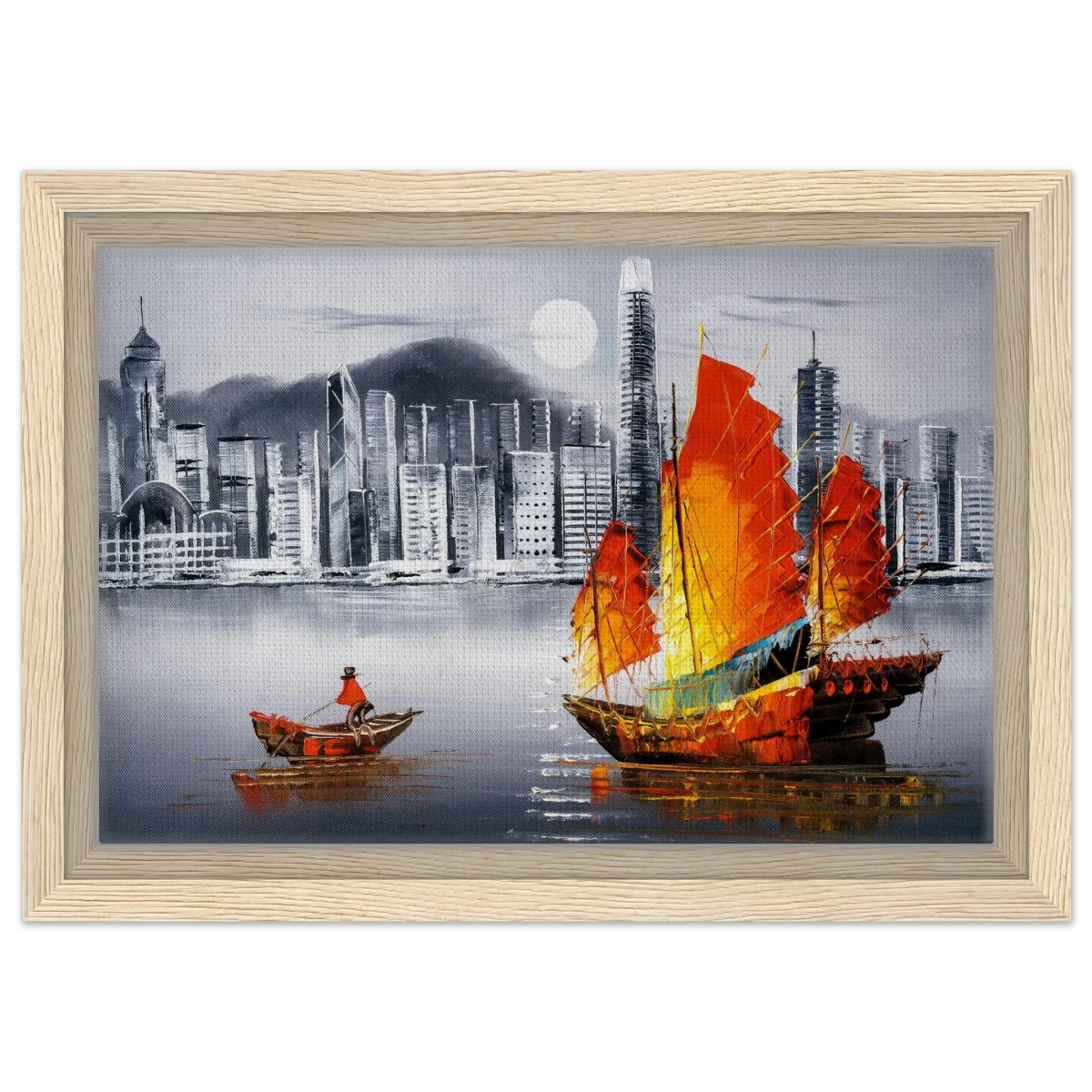 "Crimson Sails Over Silver City" – East Meets Modern Majesty | Wall art Print - Framed Canvas - 20x30 cm / 8x12″ - Wood frame