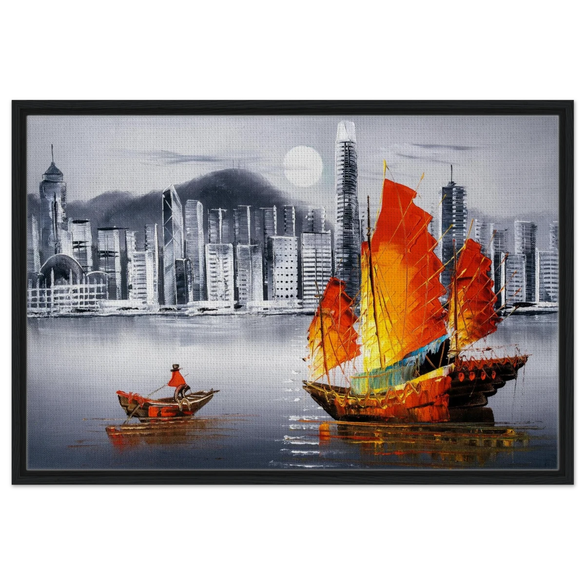 "Crimson Sails Over Silver City" – East Meets Modern Majesty | Wall art Print - Framed Canvas - 60x90 cm / 24x36″ - Black frame
