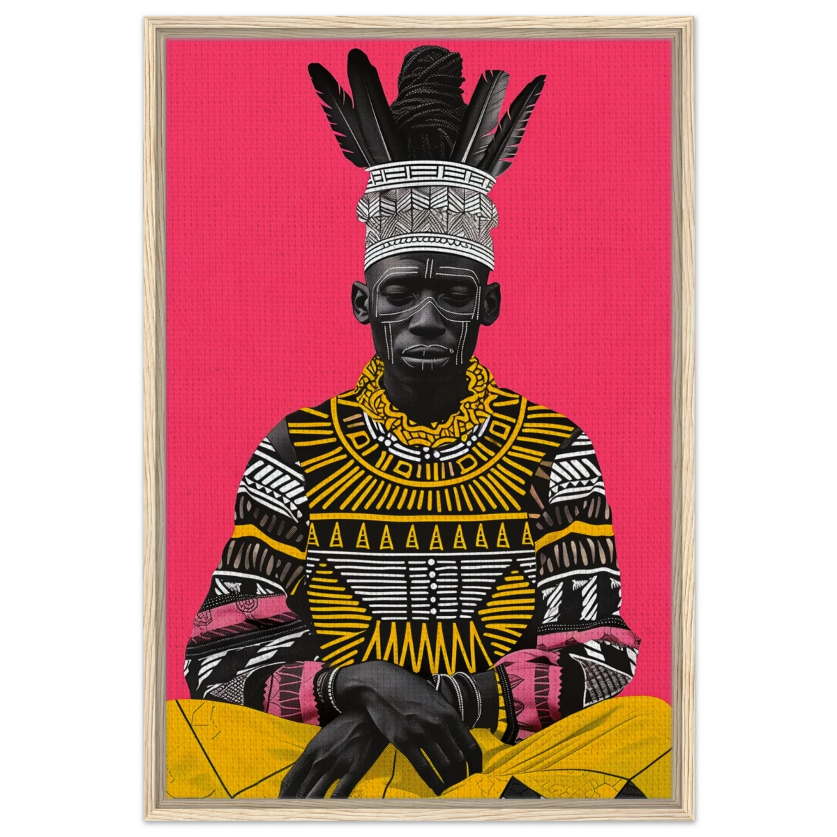 "Crowned in Culture" – Afro - Futurist Tribal Portrait | Wall art Print - Framed Canvas - 60x90 cm / 24x36″ - Wood frame