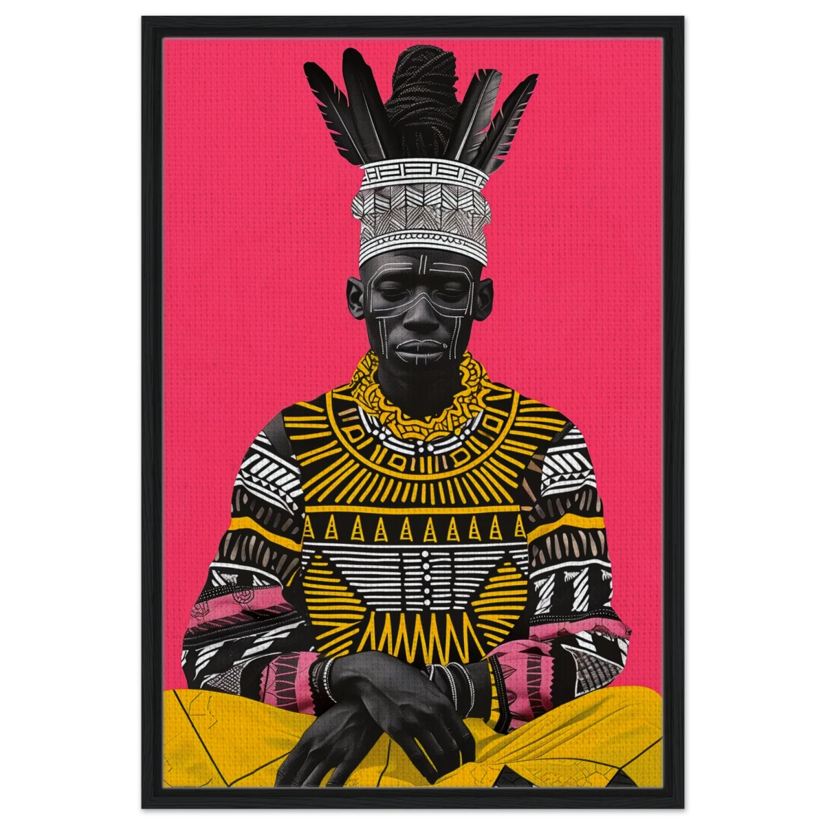 "Crowned in Culture" – Afro - Futurist Tribal Portrait | Wall art Print - Framed Canvas - 60x90 cm / 24x36″ - Black frame