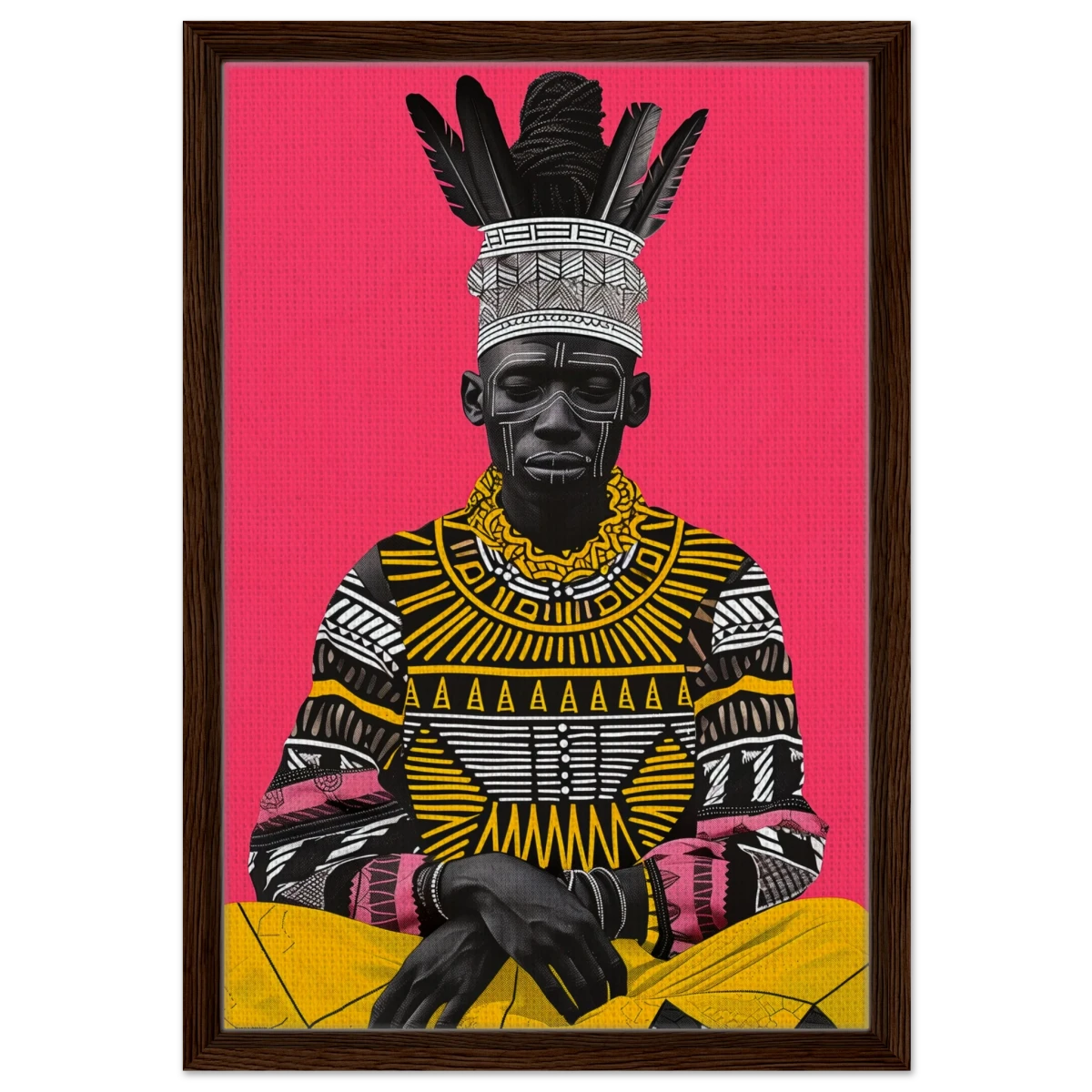 "Crowned in Culture" – Afro - Futurist Tribal Portrait | Wall art Print - Framed Canvas - 40x60 cm / 16x24″ - Dark wood frame