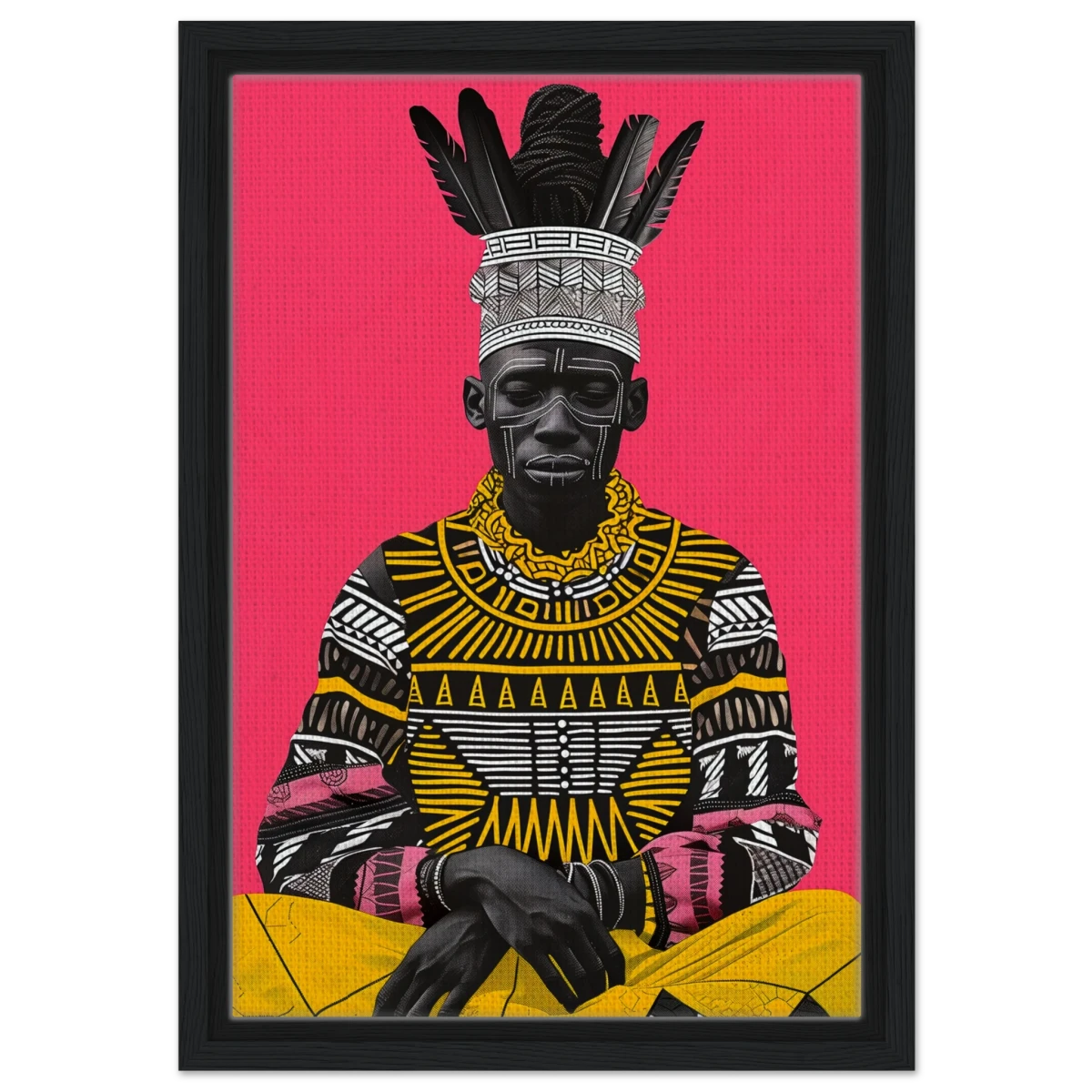 "Crowned in Culture" – Afro - Futurist Tribal Portrait | Wall art Print - Framed Canvas - 30x45 cm / 12x18″ - Black frame
