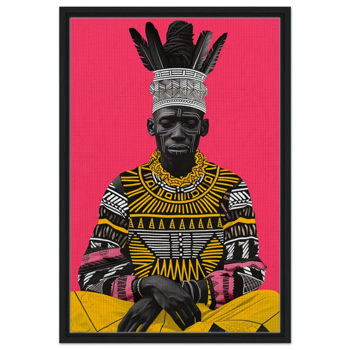 "Crowned in Culture" – Afro - Futurist Tribal Portrait | Wall art Print - Framed Canvas - 50x75 cm / 20x30″ - Black frame