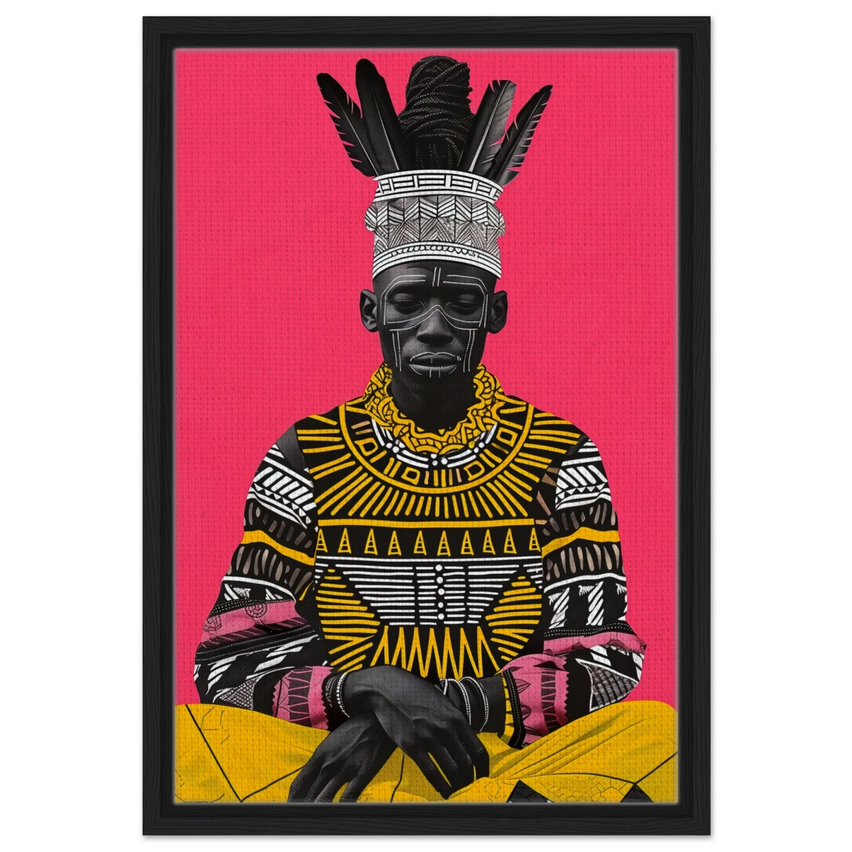 "Crowned in Culture" – Afro - Futurist Tribal Portrait | Wall art Print - Framed Canvas - 40x60 cm / 16x24″ - Black frame