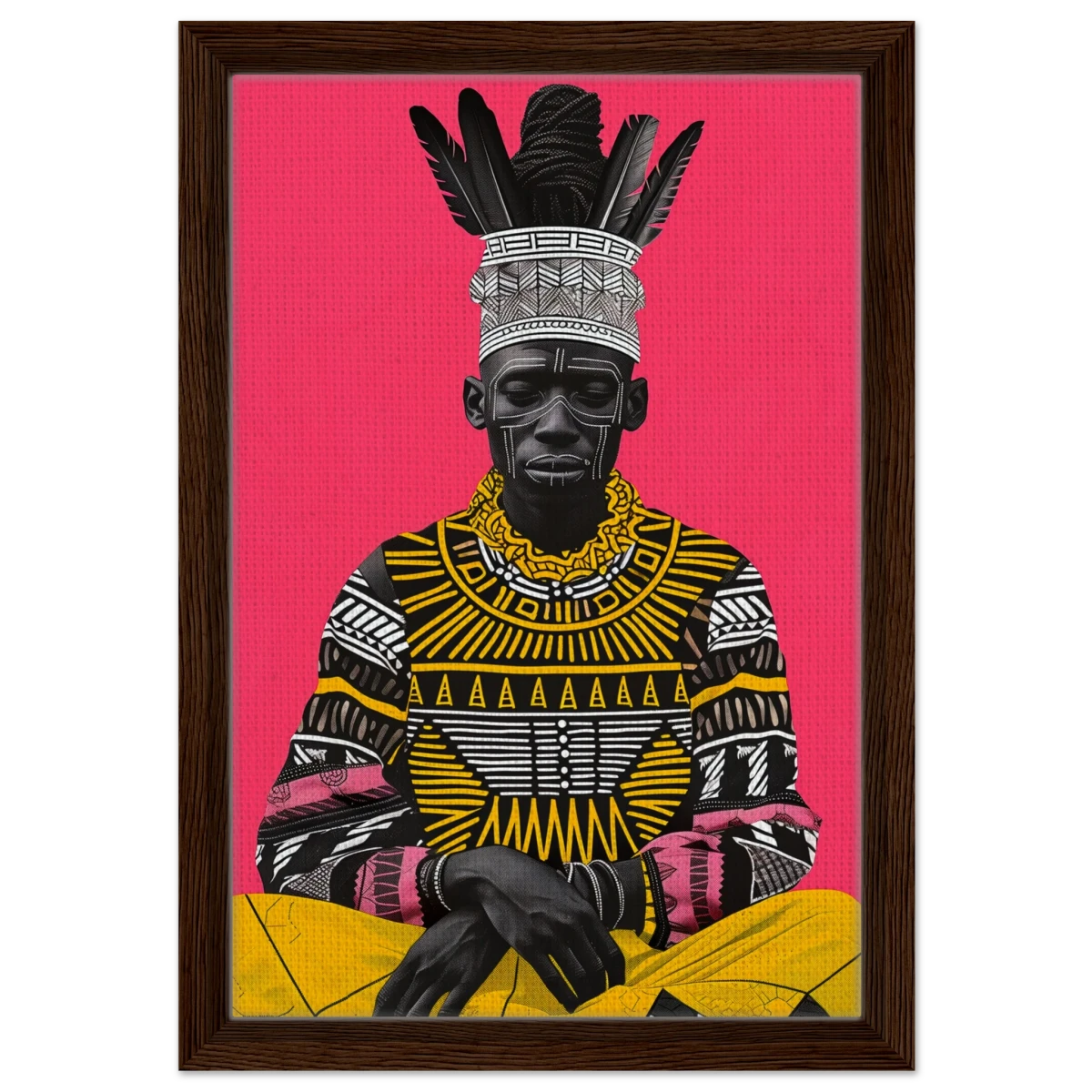 "Crowned in Culture" – Afro - Futurist Tribal Portrait | Wall art Print - Framed Canvas - 30x45 cm / 12x18″ - Dark wood frame