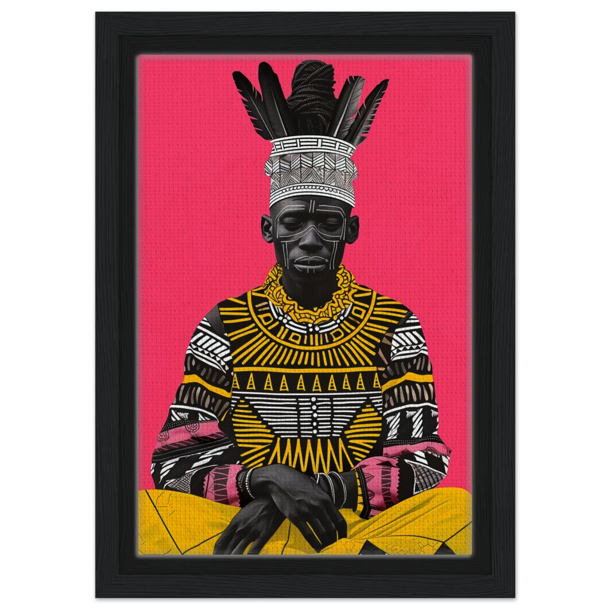 "Crowned in Culture" – Afro - Futurist Tribal Portrait | Wall art Print - Framed Canvas - 20x30 cm / 8x12″ - Black frame