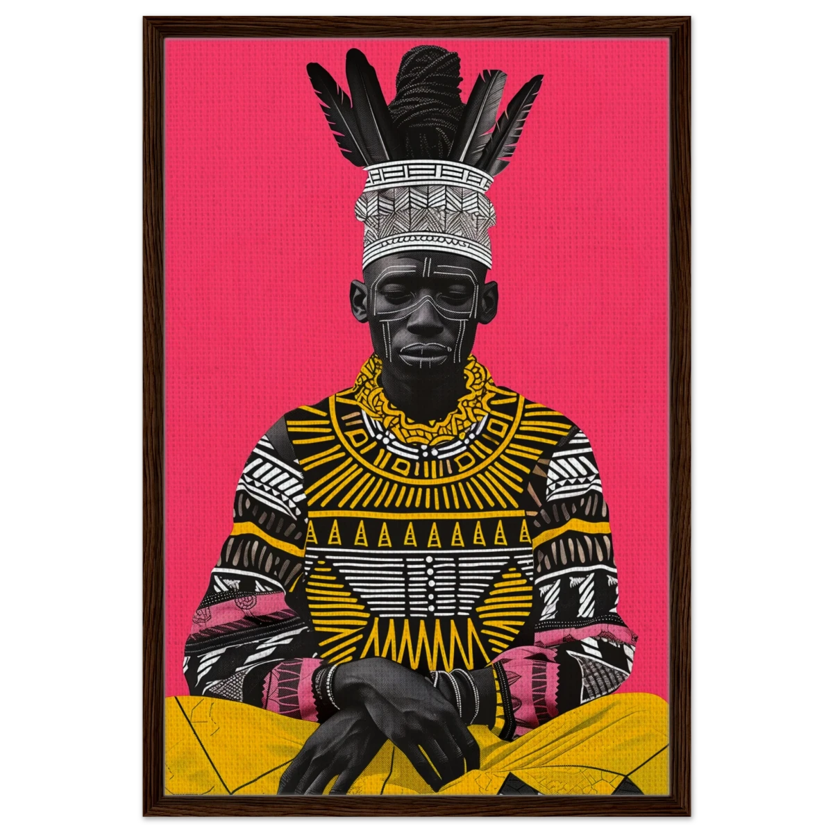 "Crowned in Culture" – Afro - Futurist Tribal Portrait | Wall art Print - Framed Canvas - 60x90 cm / 24x36″ - Dark wood frame