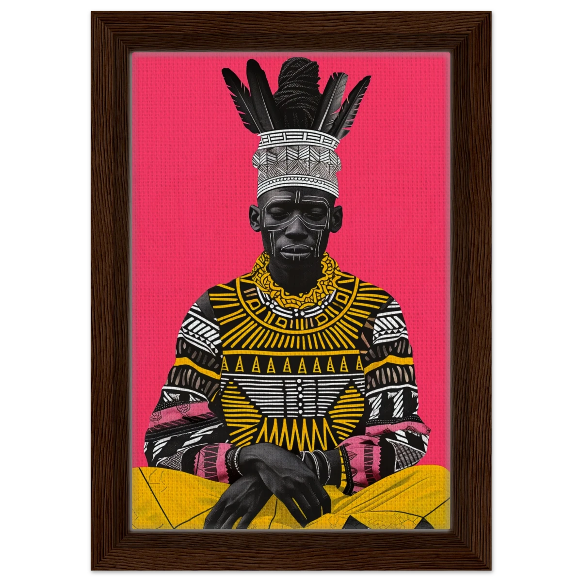 "Crowned in Culture" – Afro - Futurist Tribal Portrait | Wall art Print - Framed Canvas - 20x30 cm / 8x12″ - Dark wood frame
