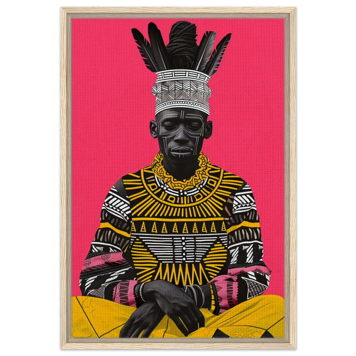 "Crowned in Culture" – Afro - Futurist Tribal Portrait | Wall art Print - Framed Canvas - 50x75 cm / 20x30″ - Wood frame