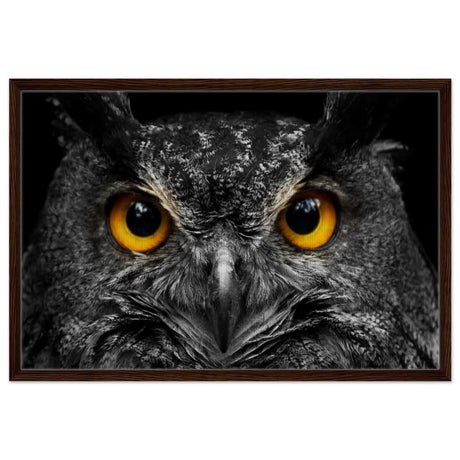 Da Vinci Animal Kingdom Art Wall art print | Night Owl eyes - Framed Canvas - 60x90 cm / 24x36″ - Dark wood frame