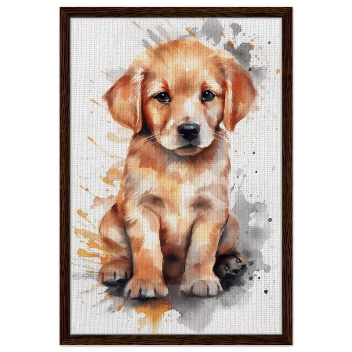 Da Vinci Animal Kingdom Wall art print | Golden Joy: Poppy’s Glow | Golden Retriever Puppy - Framed Canvas - 50x75 cm / 20x30″ - Dark wood frame