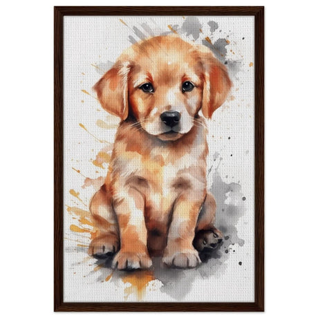 Da Vinci Animal Kingdom Wall art print | Golden Joy: Poppy’s Glow | Golden Retriever Puppy - Framed Canvas - 50x75 cm / 20x30″ - Dark wood frame