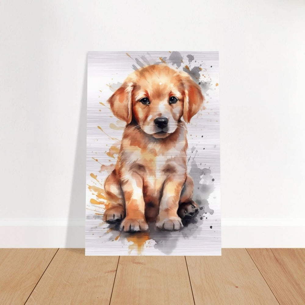 Da Vinci Animal Kingdom Wall art print | Golden Joy: Poppy’s Glow | Golden Retriever Puppy - Brushed Aluminum Print - 30x45 cm / 12x18″ -