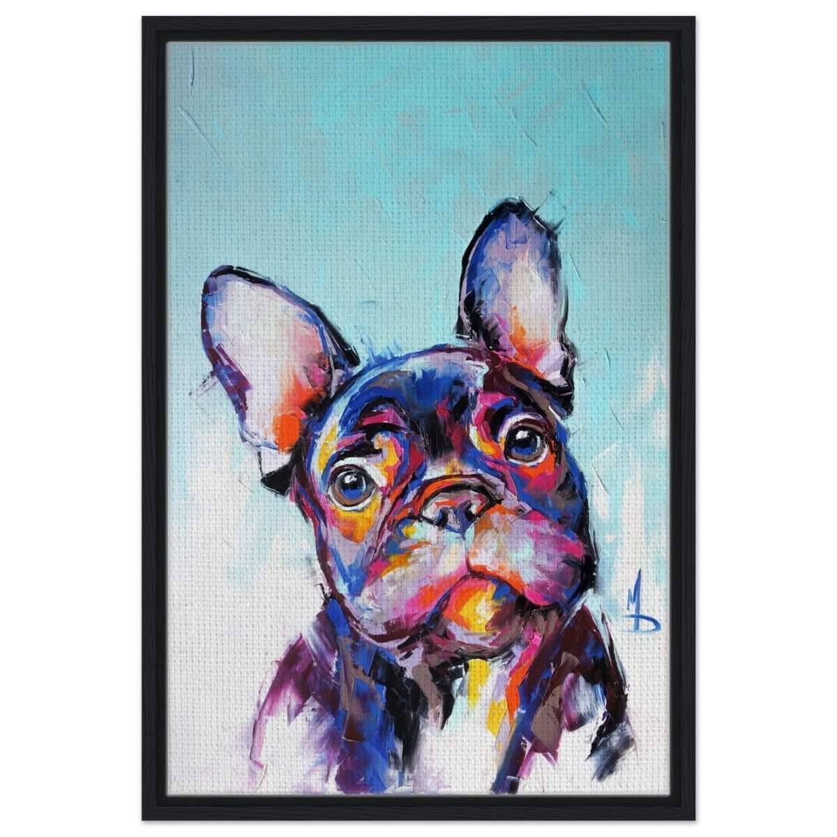 Da Vinci Animal Kingdom Wall art print | Vibrant Frenchie: Colorful Bulldog Art Print - Framed Canvas - 50x75 cm / 20x30″ - Black frame