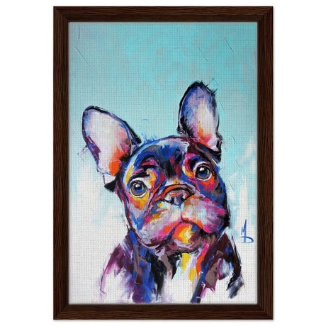 Da Vinci Animal Kingdom Wall art print | Vibrant Frenchie: Colorful Bulldog Art Print - Framed Canvas - 30x45 cm / 12x18″ - Dark wood frame