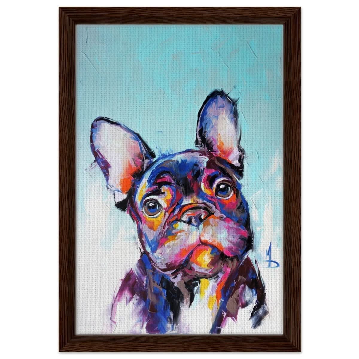 Da Vinci Animal Kingdom Wall art print | Vibrant Frenchie: Colorful Bulldog Art Print - Framed Canvas - 30x45 cm / 12x18″ - Dark wood frame