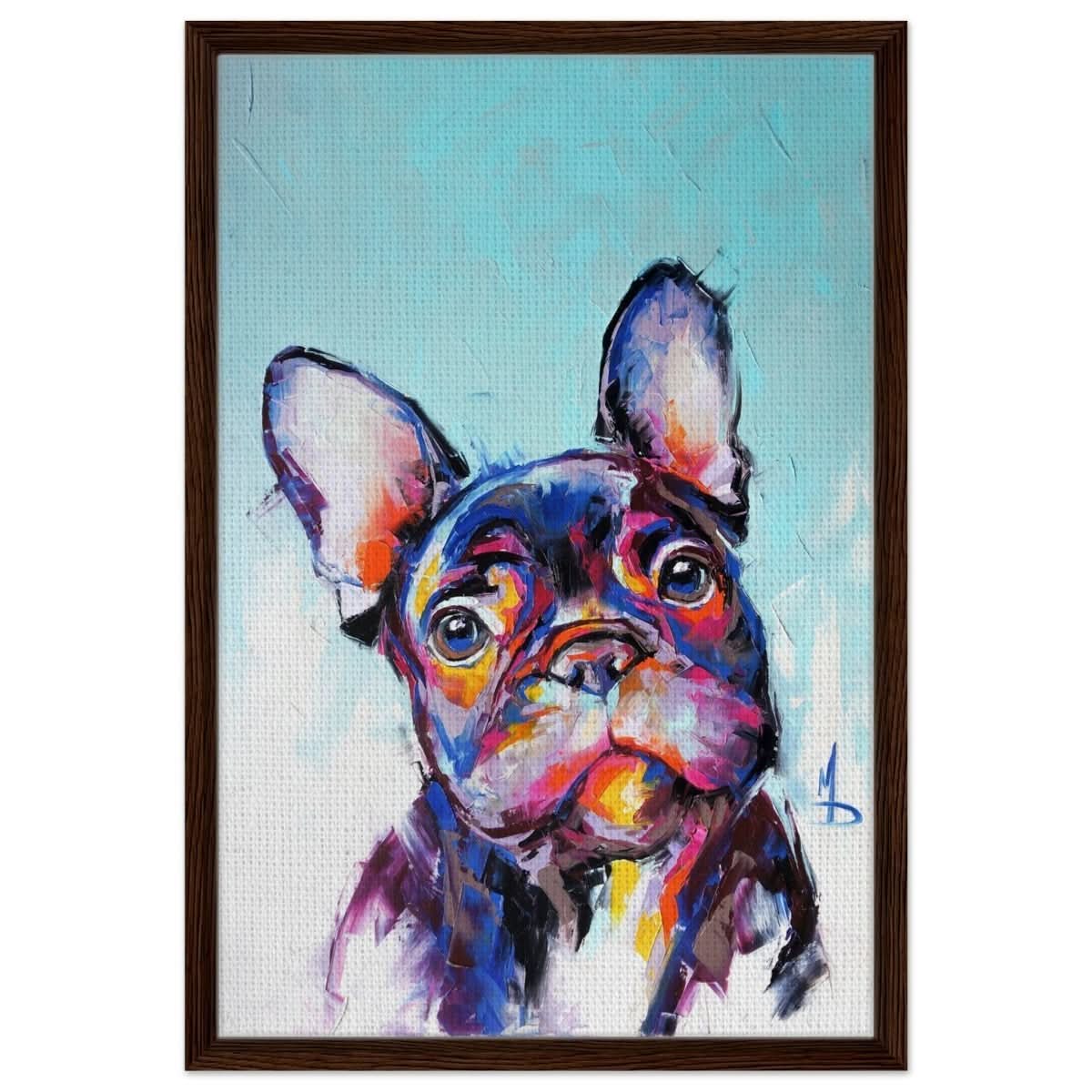 Da Vinci Animal Kingdom Wall art print | Vibrant Frenchie: Colorful Bulldog Art Print - Framed Canvas - 50x75 cm / 20x30″ - Dark wood frame