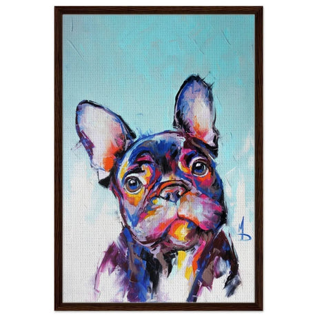 Da Vinci Animal Kingdom Wall art print | Vibrant Frenchie: Colorful Bulldog Art Print - Framed Canvas - 60x90 cm / 24x36″ - Dark wood frame