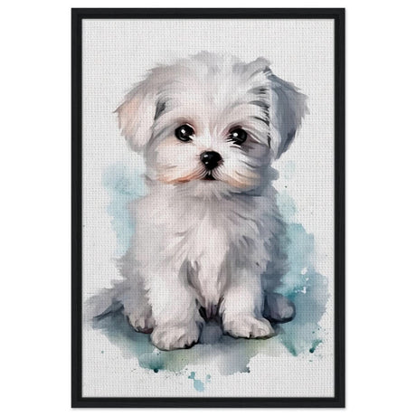 Da Vinci Animal Kingdom Wall art print | Whimsical Whispers: White Paws | Dog | Maltese - Framed Canvas - 60x90 cm / 24x36″ - Black frame