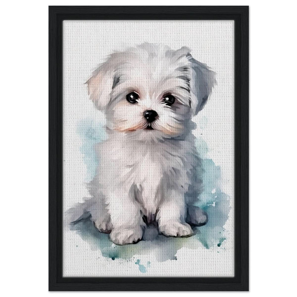 Da Vinci Animal Kingdom Wall art print | Whimsical Whispers: White Paws | Dog | Maltese - Framed Canvas - 30x45 cm / 12x18″ - Black frame
