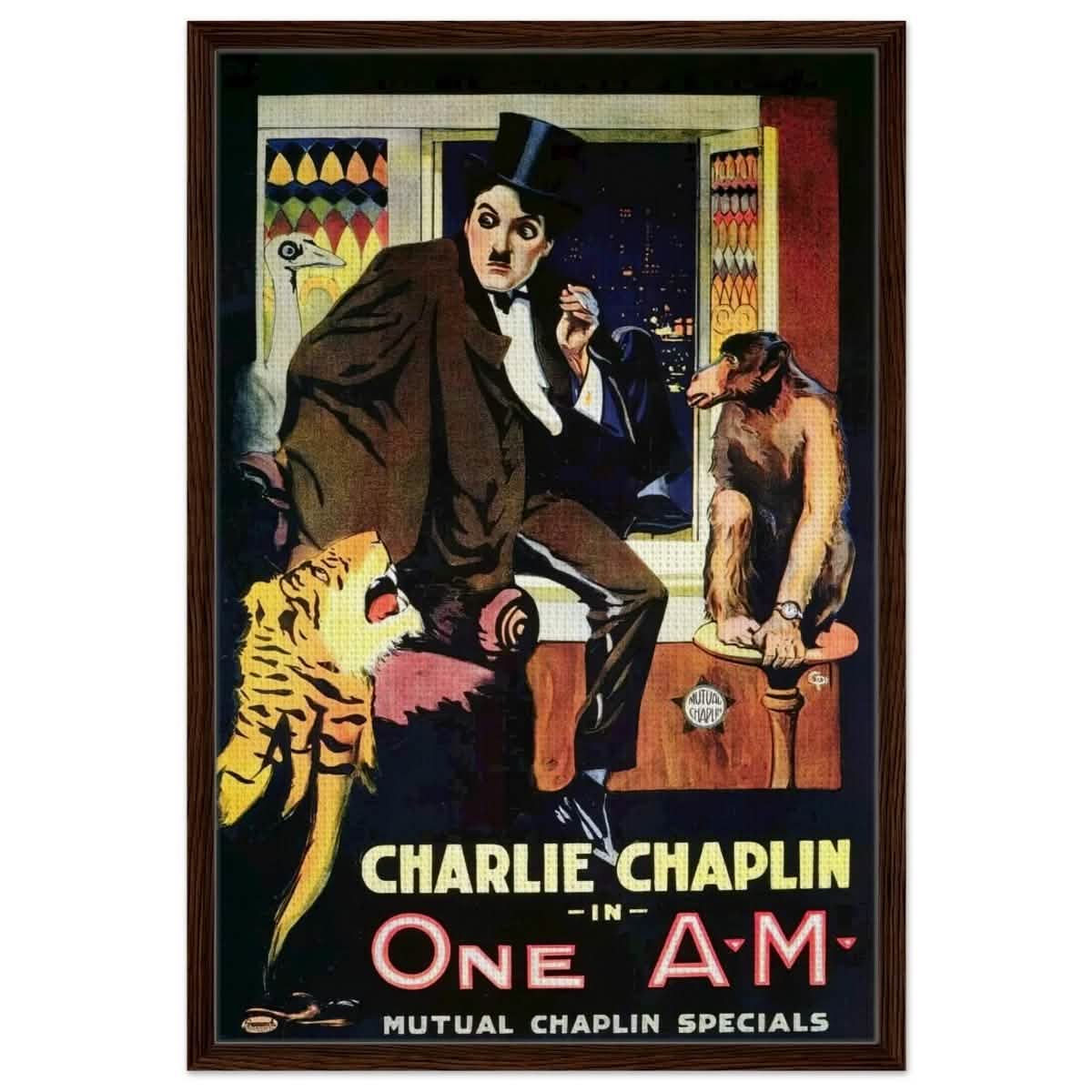 Da Vinci Pop Art Wall art print | Charlie Chaplin | One AM - Framed Canvas - 60x90 cm / 24x36″ - Dark wood frame