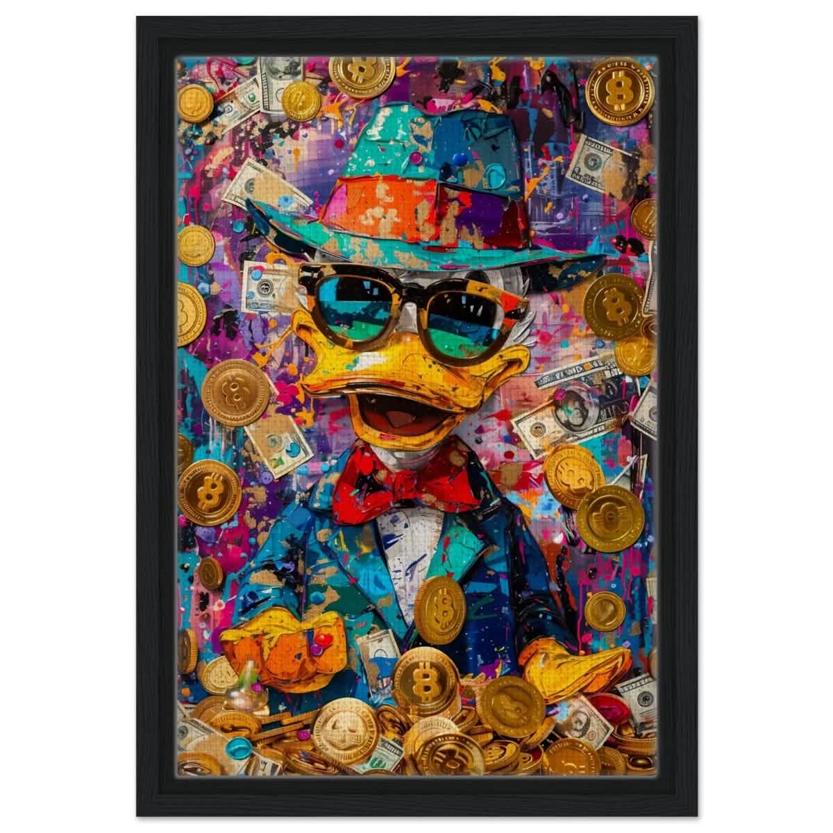 Dapper Duck Dollars | Contemporary Pop Culture Art print - Framed Canvas - 30x45 cm / 12x18″ - Black frame