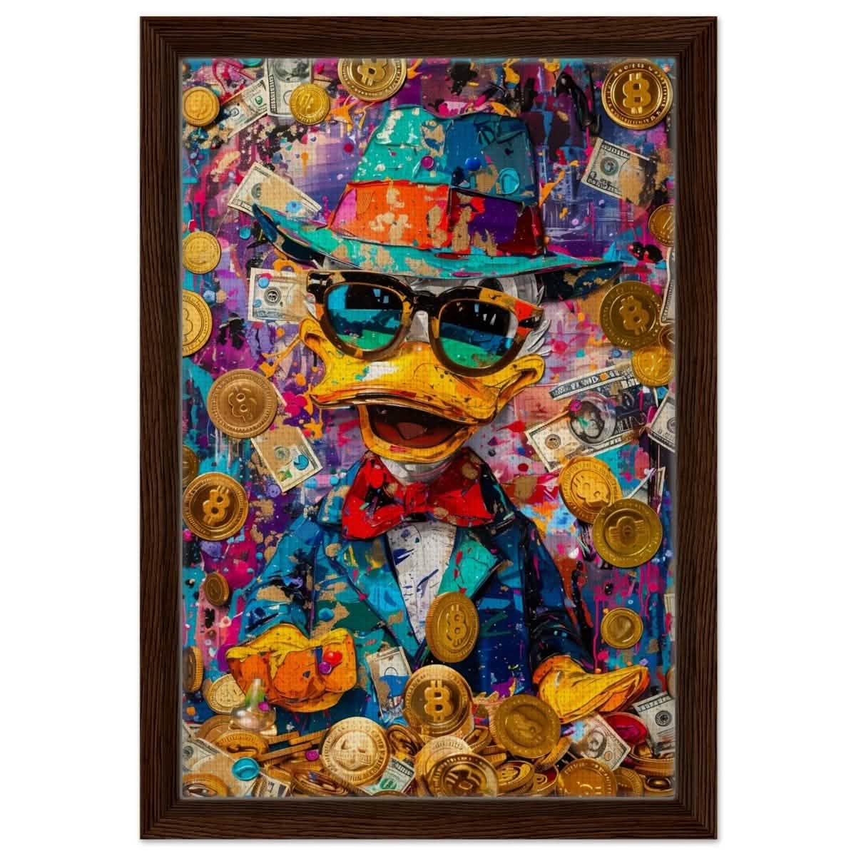 Dapper Duck Dollars | Contemporary Pop Culture Art print - Framed Canvas - 30x45 cm / 12x18″ - Dark wood frame
