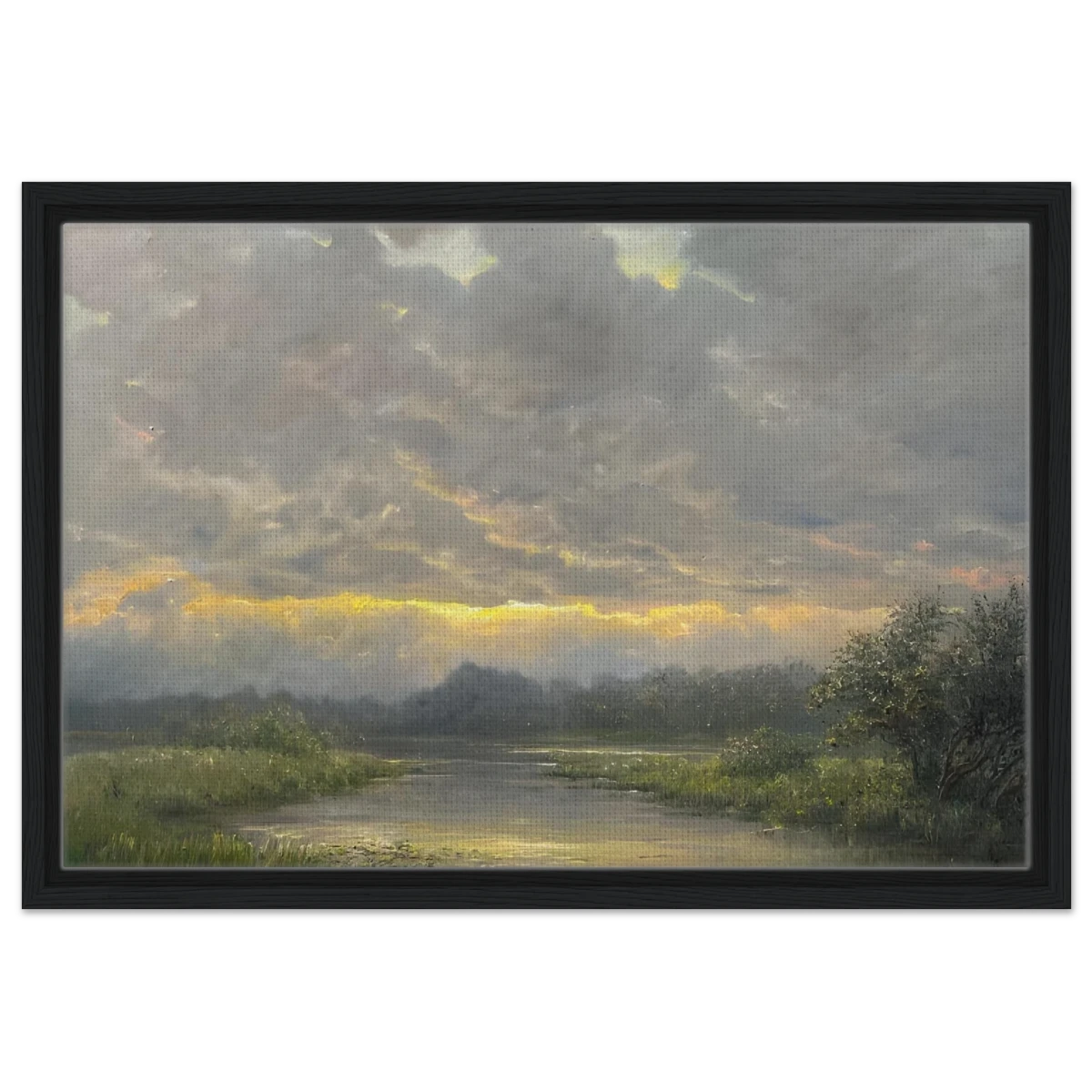 "Dawn’s Embrace" Tranquil Riverland Landscape Wall Art Print - Framed Canvas - 40x60 cm / 16x24″ - Black frame