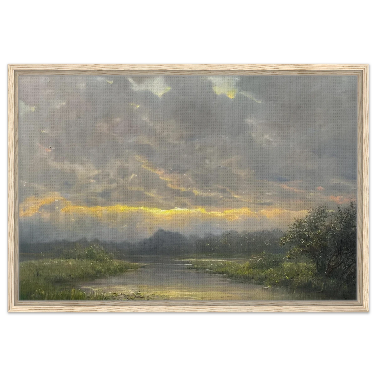"Dawn’s Embrace" Tranquil Riverland Landscape Wall Art Print - Framed Canvas - 50x75 cm / 20x30″ - Wood frame