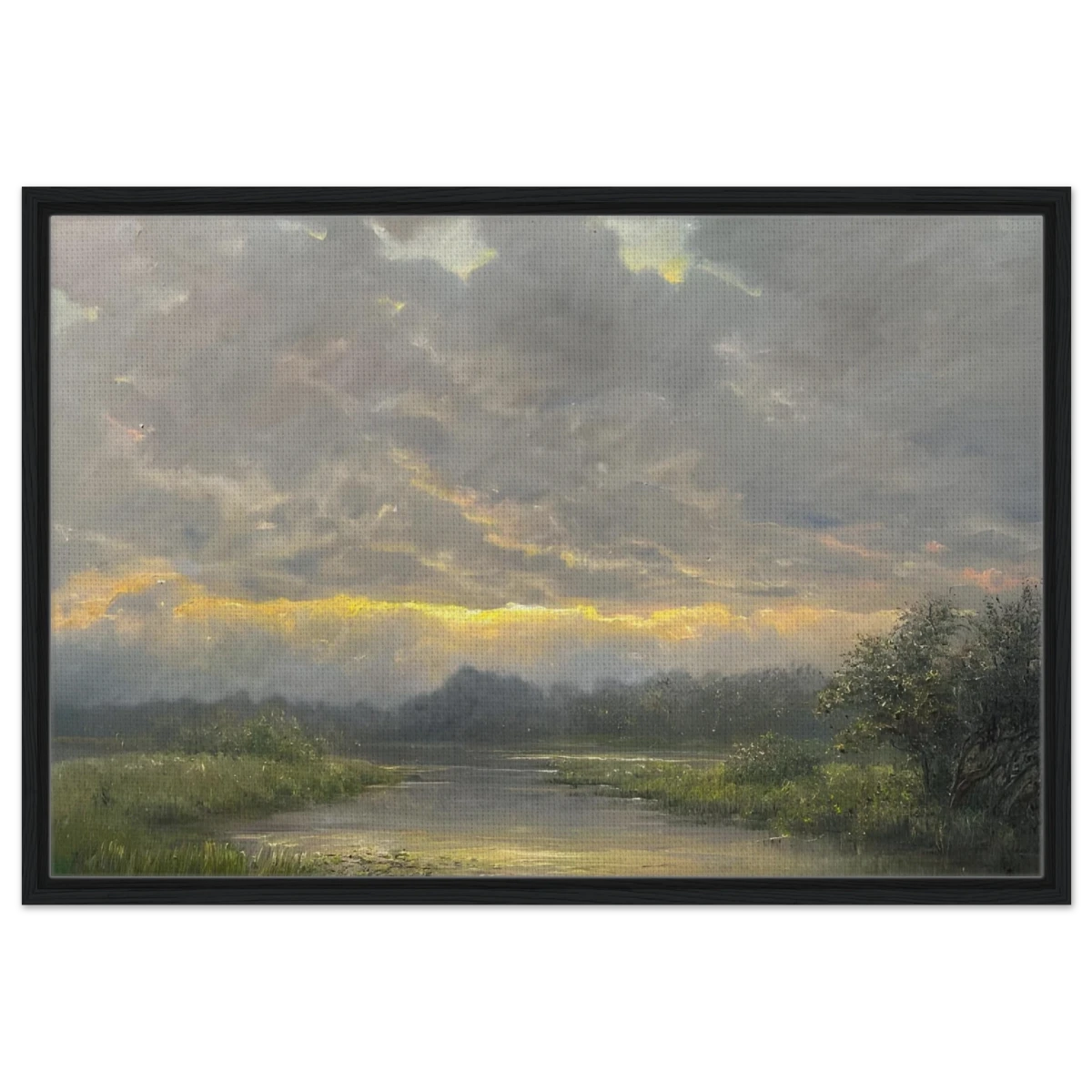 "Dawn’s Embrace" Tranquil Riverland Landscape Wall Art Print - Framed Canvas - 60x90 cm / 24x36″ - Black frame