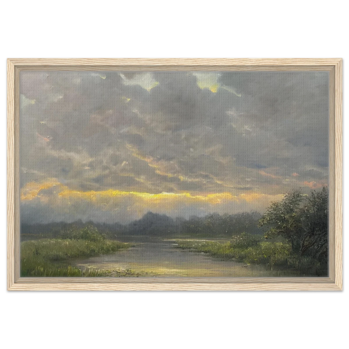 "Dawn’s Embrace" Tranquil Riverland Landscape Wall Art Print - Framed Canvas - 40x60 cm / 16x24″ - Wood frame