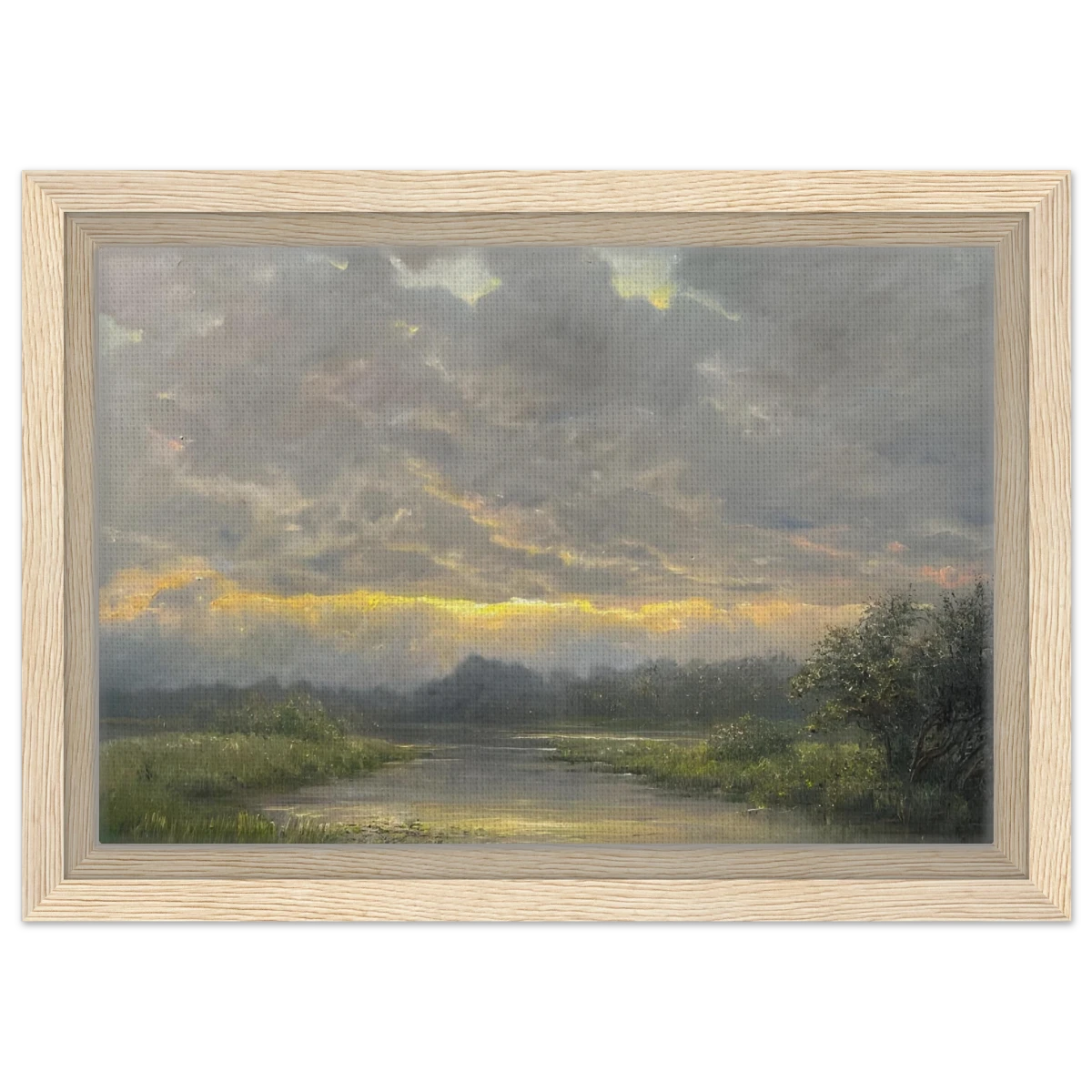 "Dawn’s Embrace" Tranquil Riverland Landscape Wall Art Print - Framed Canvas - 20x30 cm / 8x12″ - Wood frame