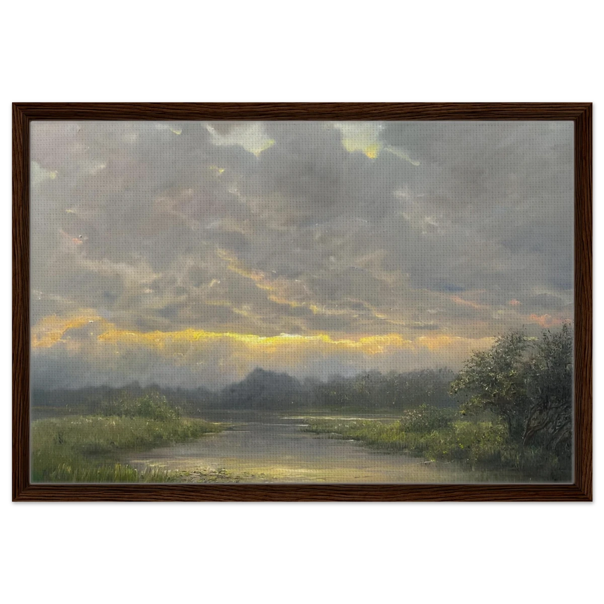 "Dawn’s Embrace" Tranquil Riverland Landscape Wall Art Print - Framed Canvas - 50x75 cm / 20x30″ - Dark wood frame