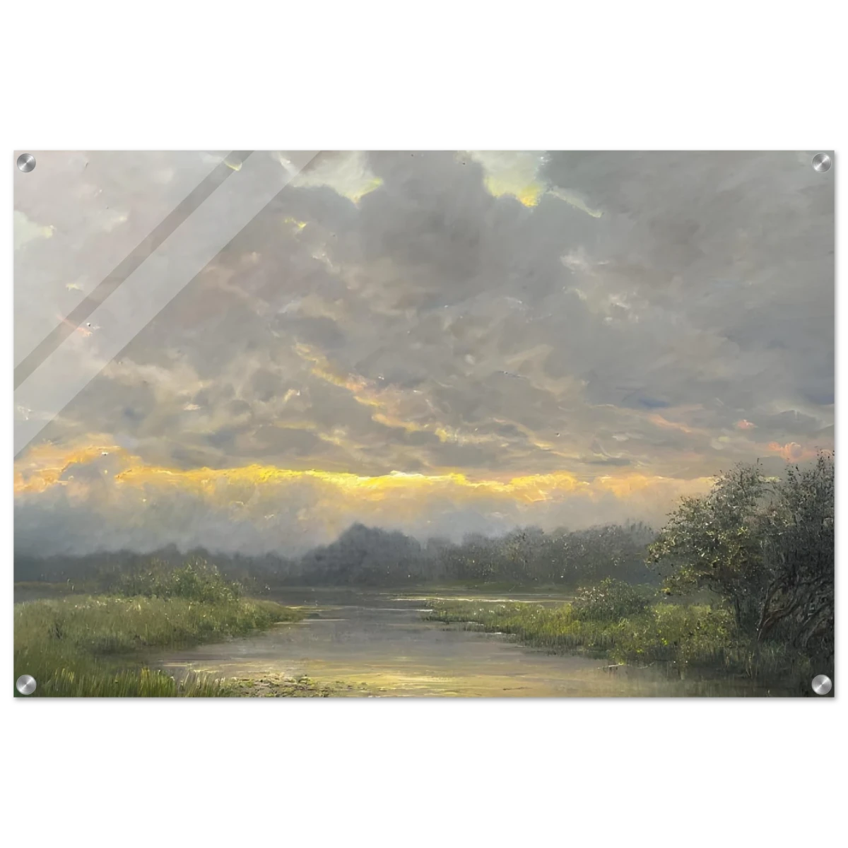 "Dawn’s Embrace" Tranquil Riverland Landscape Wall Art Print - Acrylic Print - 60x90 cm / 24x36″ -
