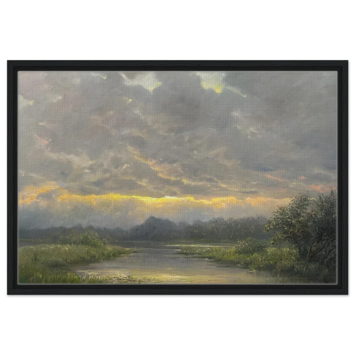 "Dawn’s Embrace" Tranquil Riverland Landscape Wall Art Print - Framed Canvas - 50x75 cm / 20x30″ - Black frame