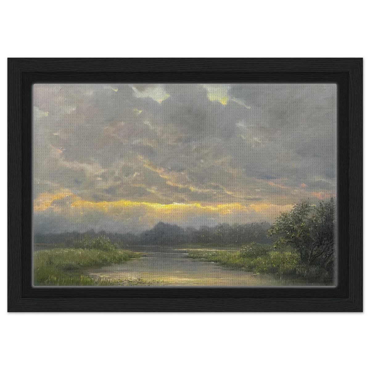 "Dawn’s Embrace" Tranquil Riverland Landscape Wall Art Print - Framed Canvas - 20x30 cm / 8x12″ - Black frame